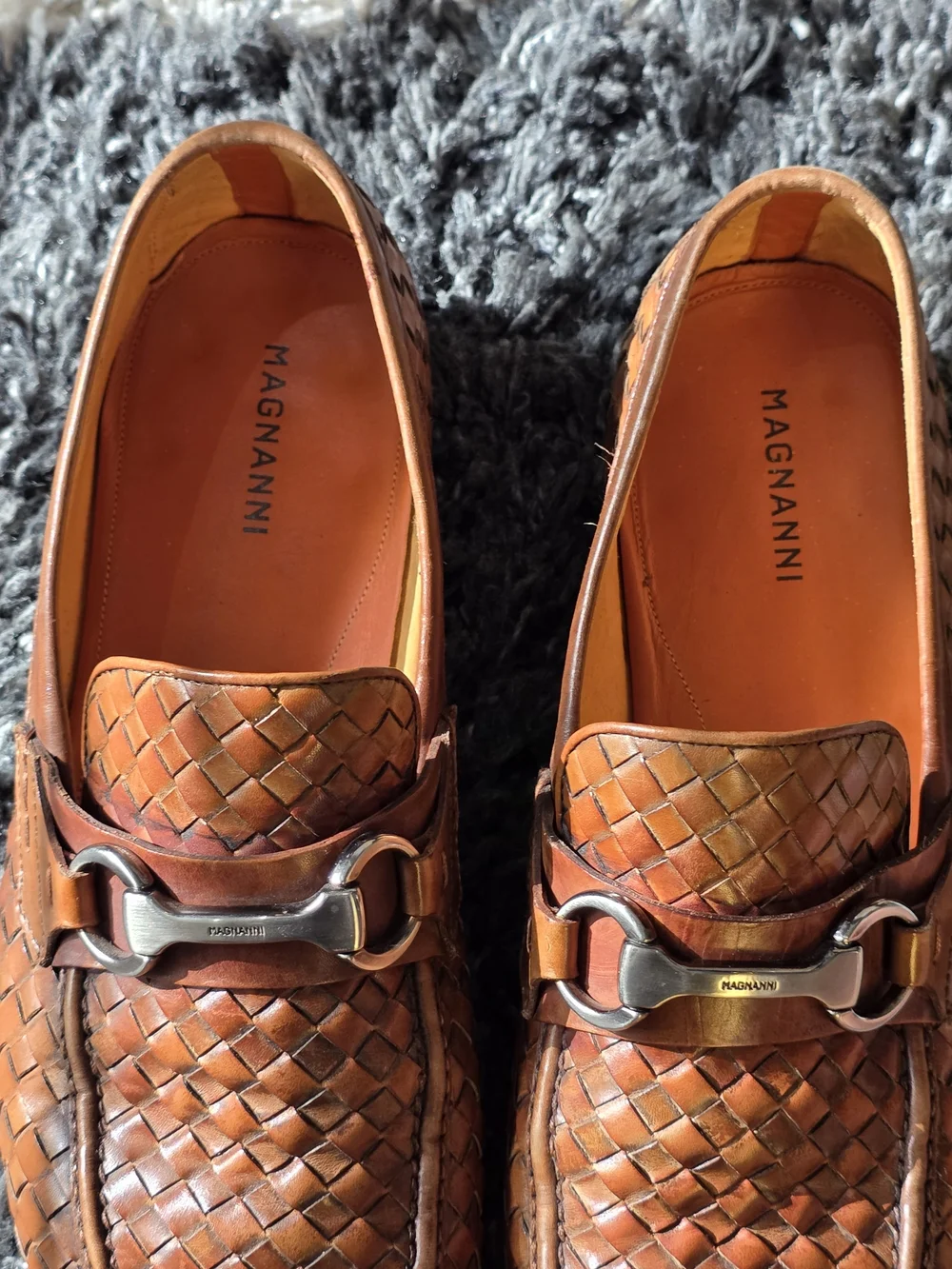 Magnanni Men’s Woven Leather Bit Loafers in Cognac Brown Size 9.5